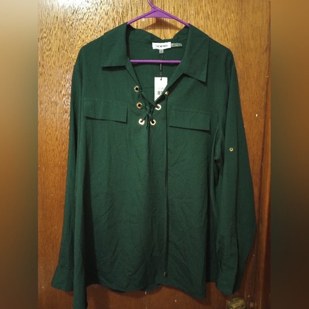 Calvin Klein Green Blouse with Gold Detailing